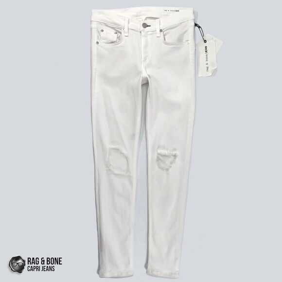 RAG & BONE SKINNY CAPRI JEANS WITH DISTRESSED KNEE HOLES NWT IN BRIGHT WHITE 27 - Picture 2 of 16